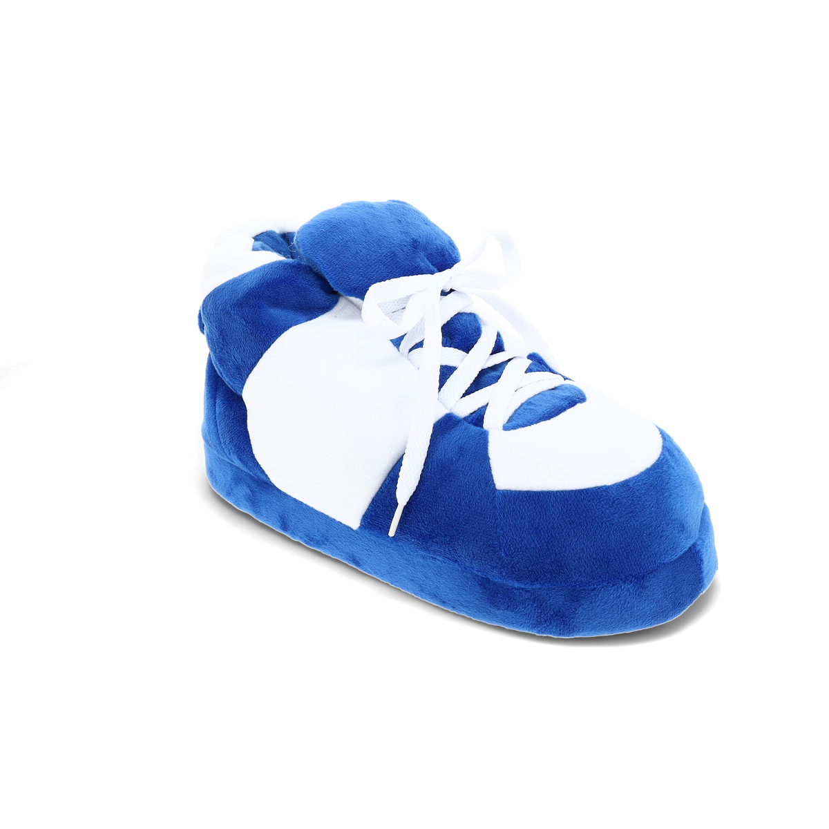 Blue and white plush high-top slippers with a bold two-tone look