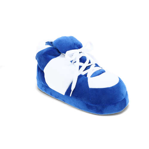 Blue and white plush high-top slippers with a bold two-tone look