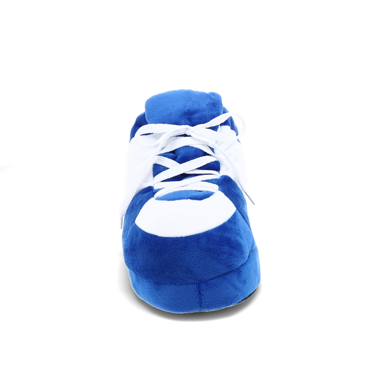 Blue and white house slippers with rubber soles and non-skid bottoms