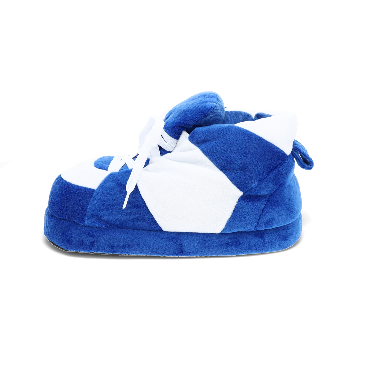 Blue and white HappyFeet slippers with lace detail on the plush upper