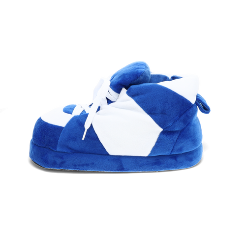 Blue and white HappyFeet slippers with lace detail on the plush upper