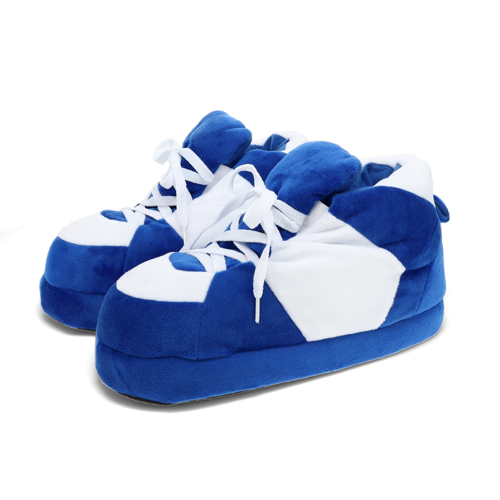 Oversized blue and white slippers with a one-inch memory foam footbed