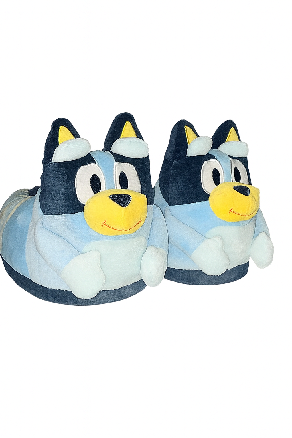 Blue Bluey character slippers with embroidered eyes and snout detail