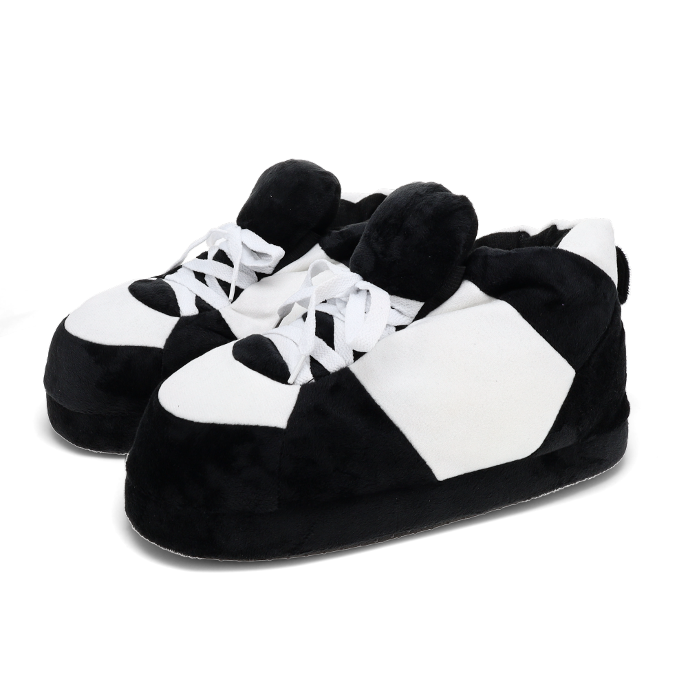 Striped black and white house slippers in oversized plush with lace detail