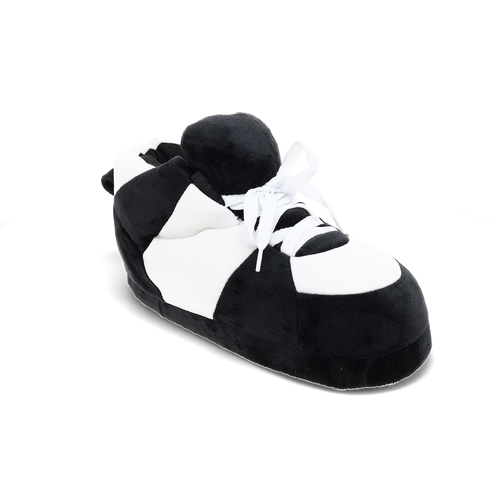 Black and white striped plush sneaker slippers with a bold graphic look
