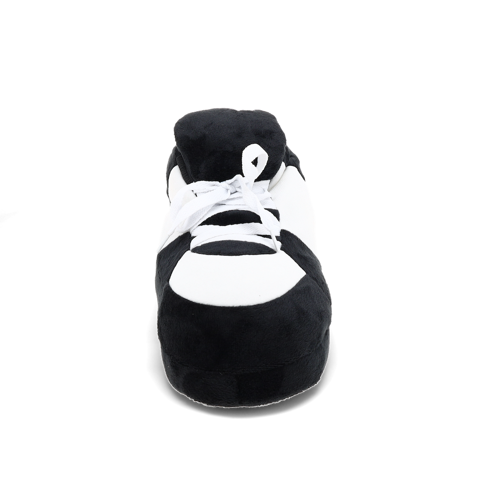 Black and white striped slippers with a non-slip sole for around the house