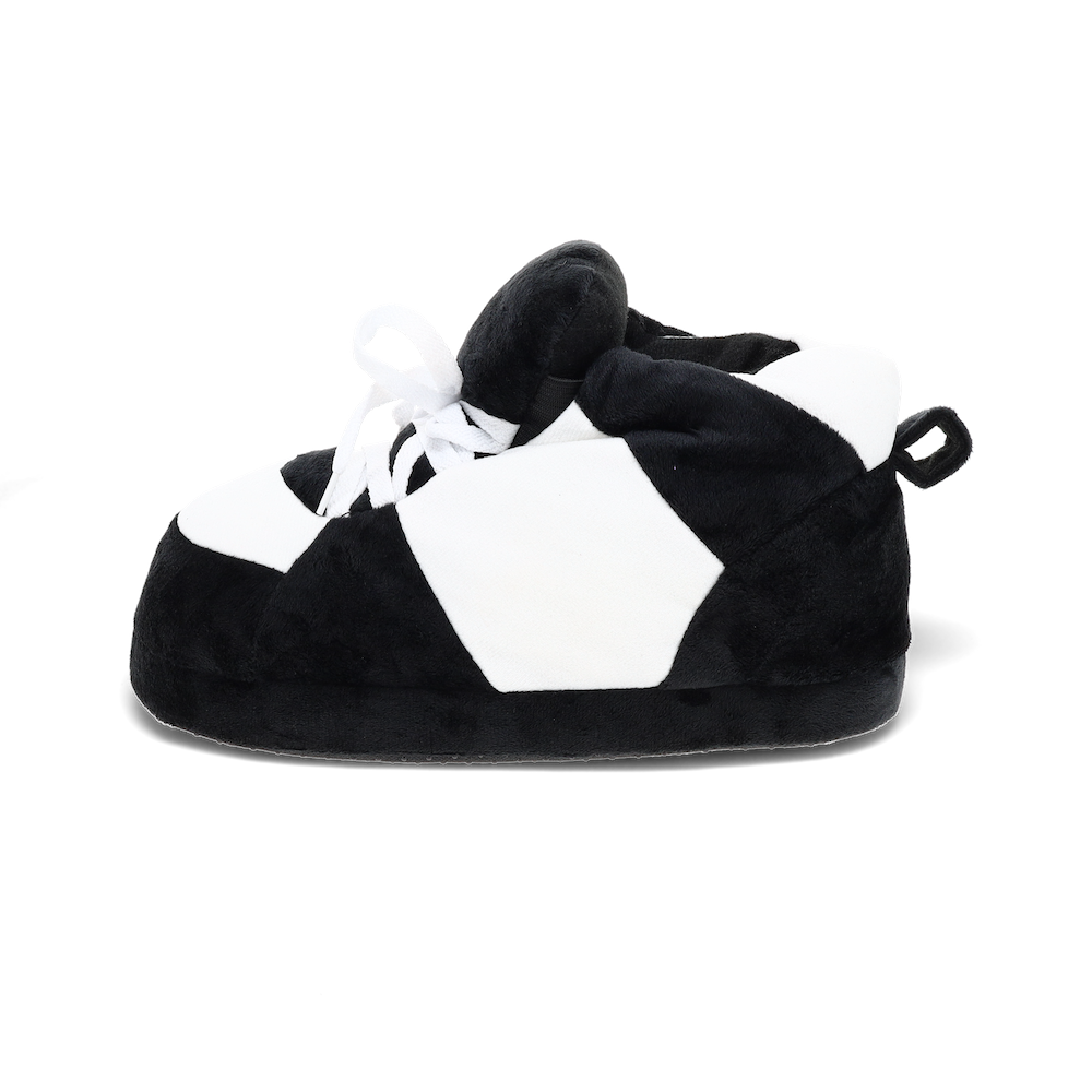 HappyFeet black and white striped slippers with a thick cushioned footbed