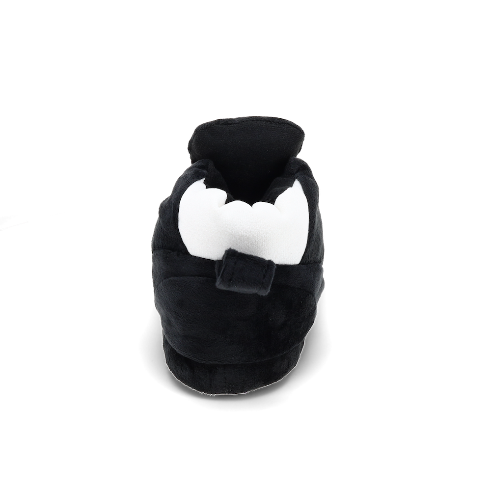 Pair of black and white striped plush slippers, classic oversized shape