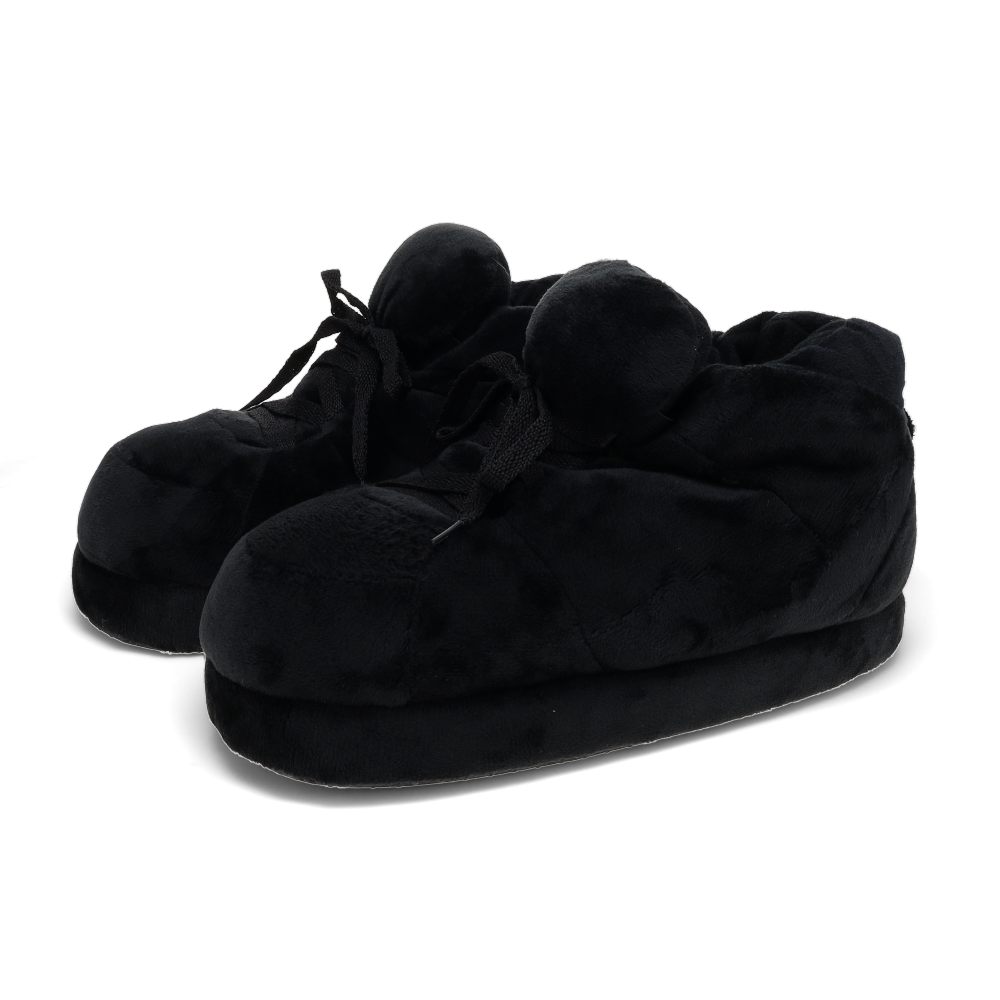Black plush sneaker-style house slippers with cloud-like cushioning