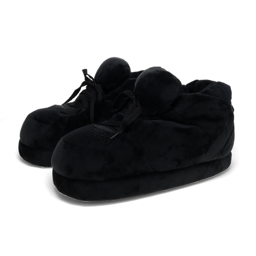Black plush sneaker-style house slippers with cloud-like cushioning