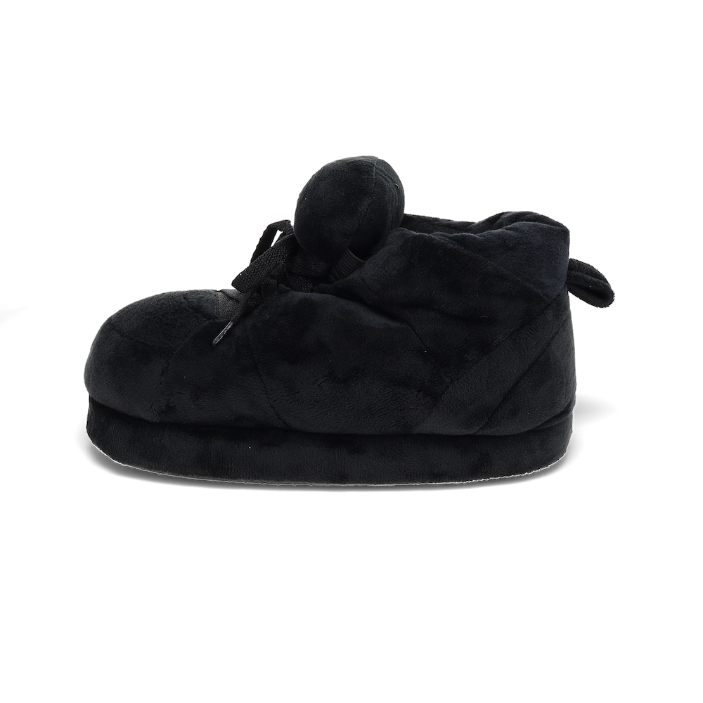All black HappyFeet slippers with lace detail and a soft plush upper