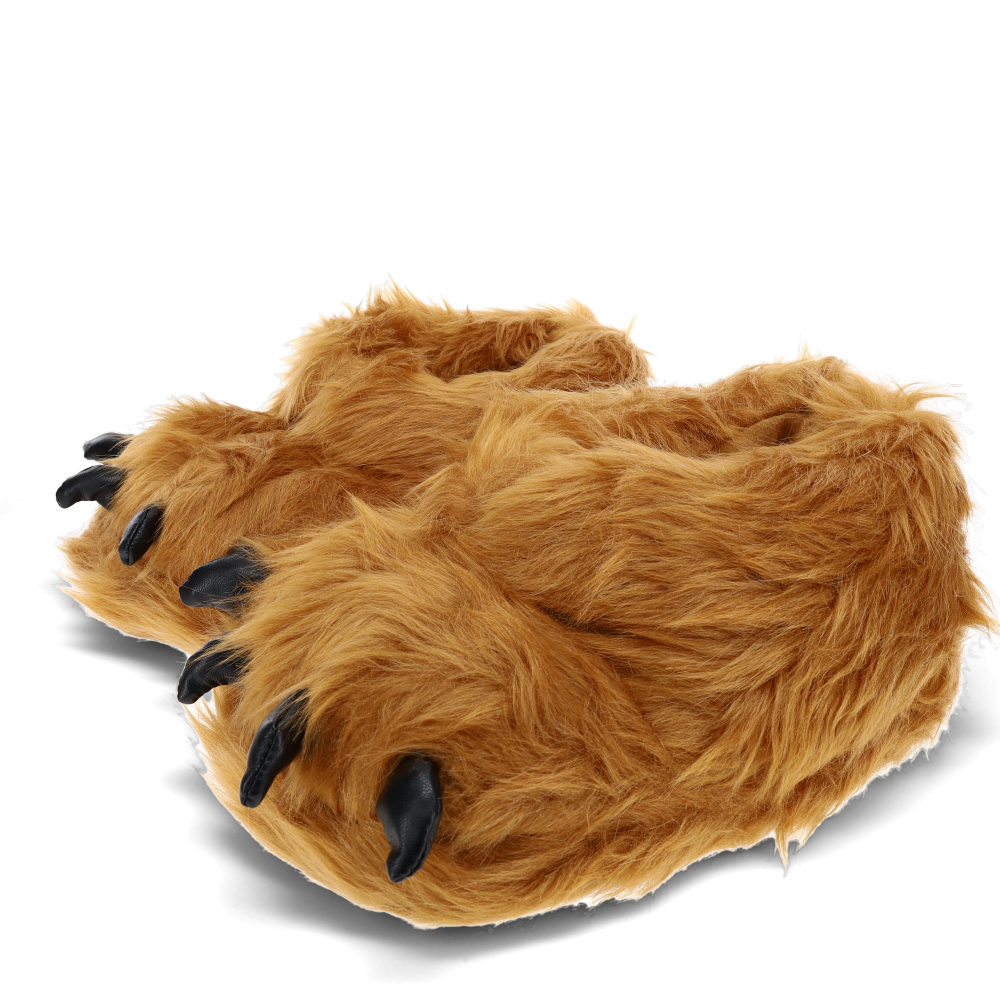 Shaggy brown monster slippers with oversized plush claws
