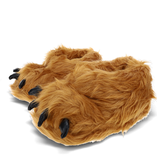 Shaggy brown monster slippers with oversized plush claws
