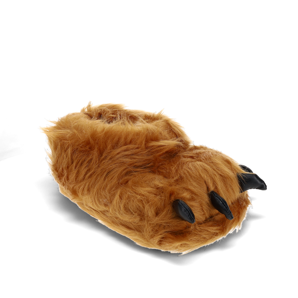 Brown monster feet slippers with furry plush toes and claw details
