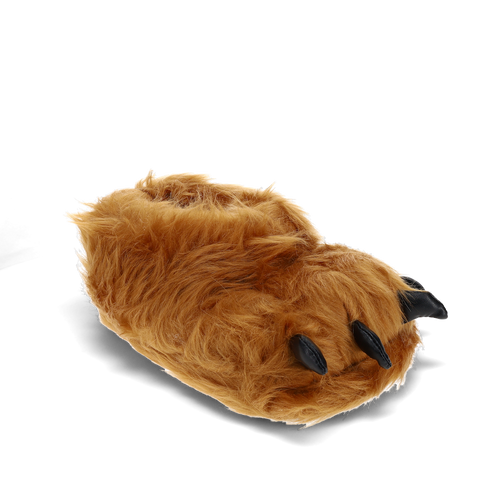 Brown monster feet slippers with furry plush toes and claw details