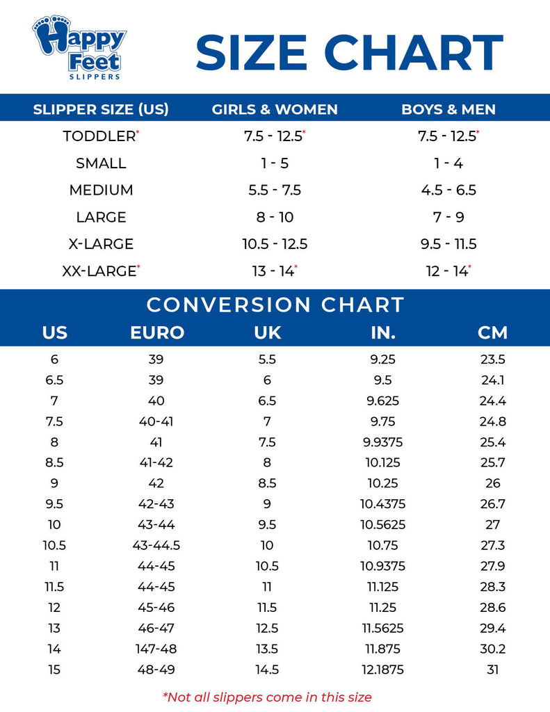 animal feet slippers size chart