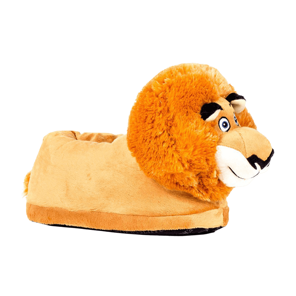Alex the Lion plush slippers in golden tan with a full mane and lion face