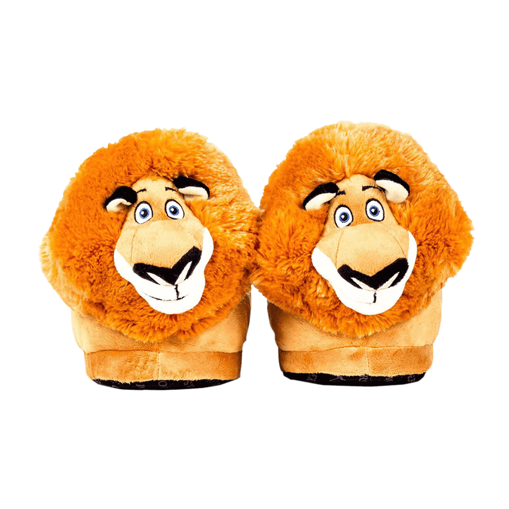 Golden lion character slippers with embroidered eyes, nose and whiskers