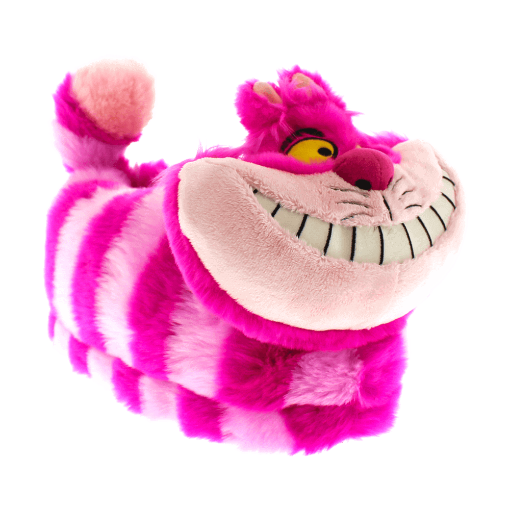 Cheshire Cat plush slippers with the character's wide grin and pink and purple stripes