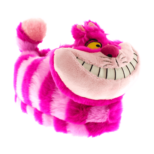 Cheshire Cat plush slippers with the character's wide grin and pink and purple stripes