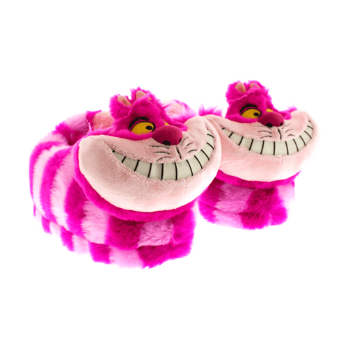Purple and pink striped Cheshire Cat slippers with an embroidered grinning face