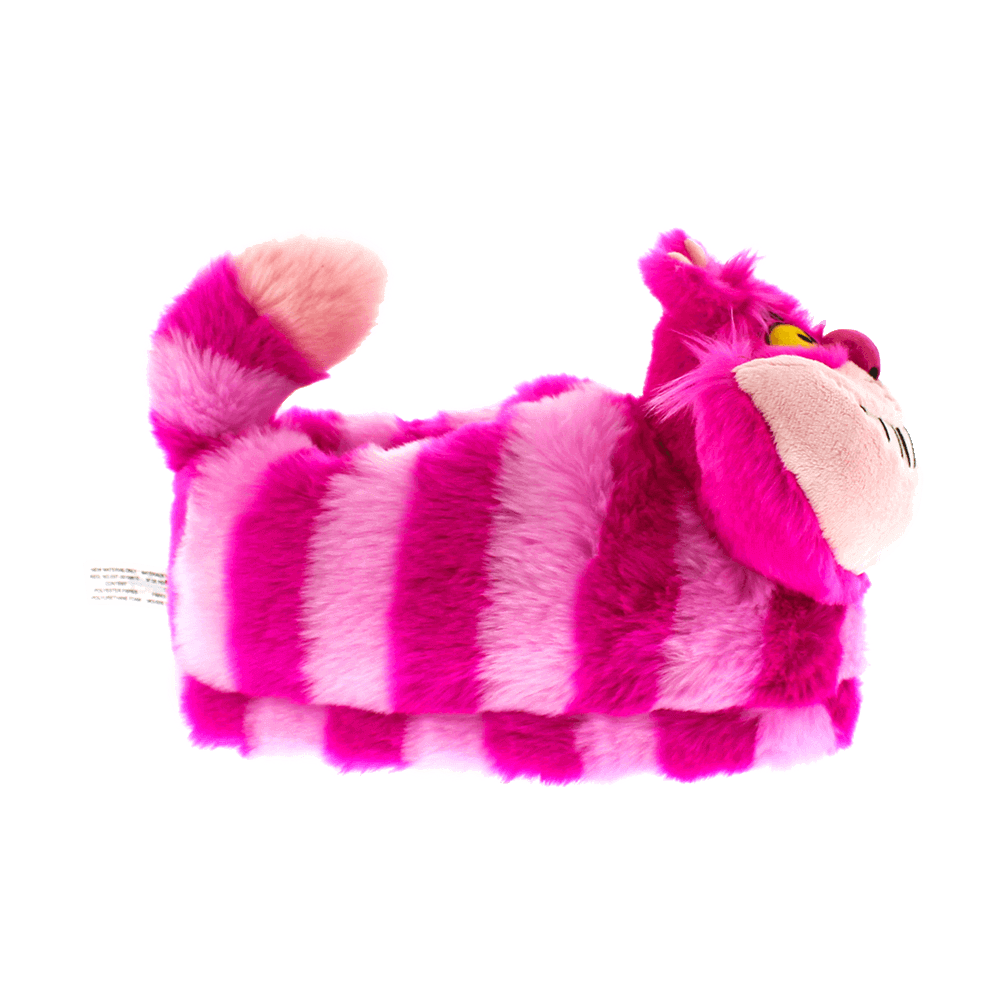 Pair of Cheshire Cat character slippers in plush pink and purple stripes