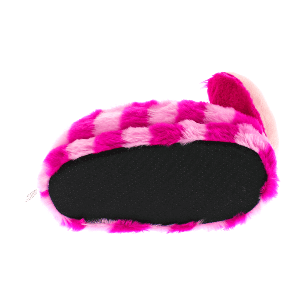Cheshire Cat plush house slippers with whiskers and striped tail detail
