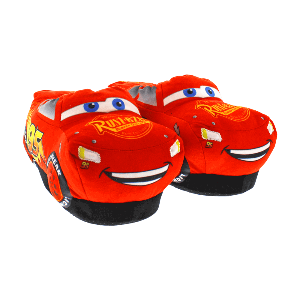 Red Lightning McQueen character slippers, soft plush upper with lightning bolt racing details