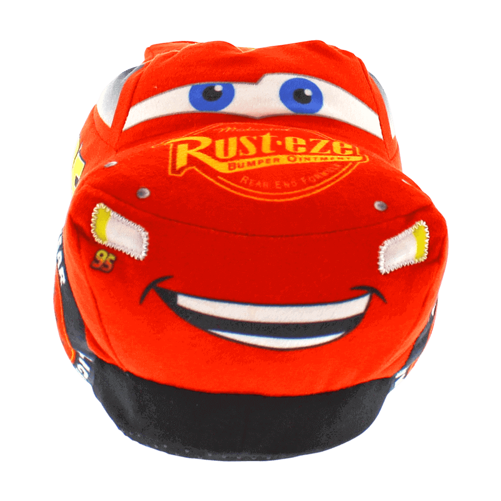 HappyFeet Lightning McQueen slippers showing the plush race car face and grille styling
