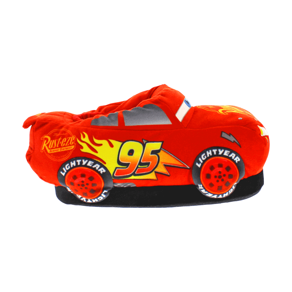 Pair of red Lightning McQueen plush house slippers with non-slip soles
