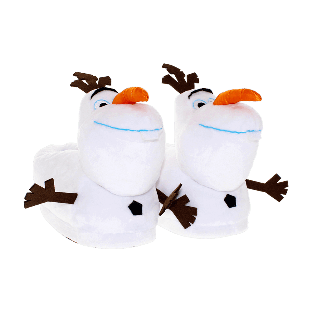 White Olaf slippers from Frozen with embroidered eyes and twig hair detail