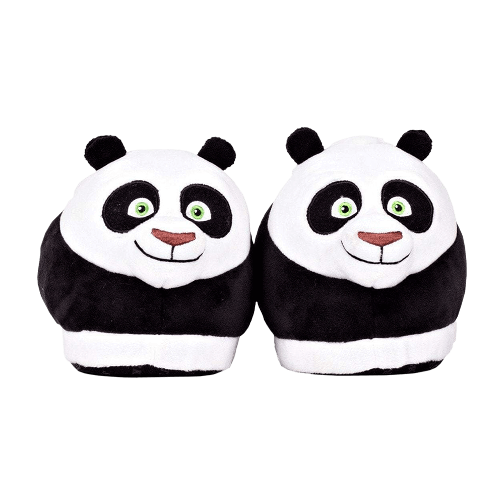 Black and white panda slippers with embroidered eyes and rounded ears